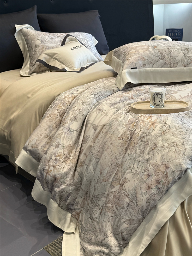 Cool ultra-fine denier Tencel summer light and cool condensation filament four-piece set, elegant printed sweat-absorbing nude bedding pic 49