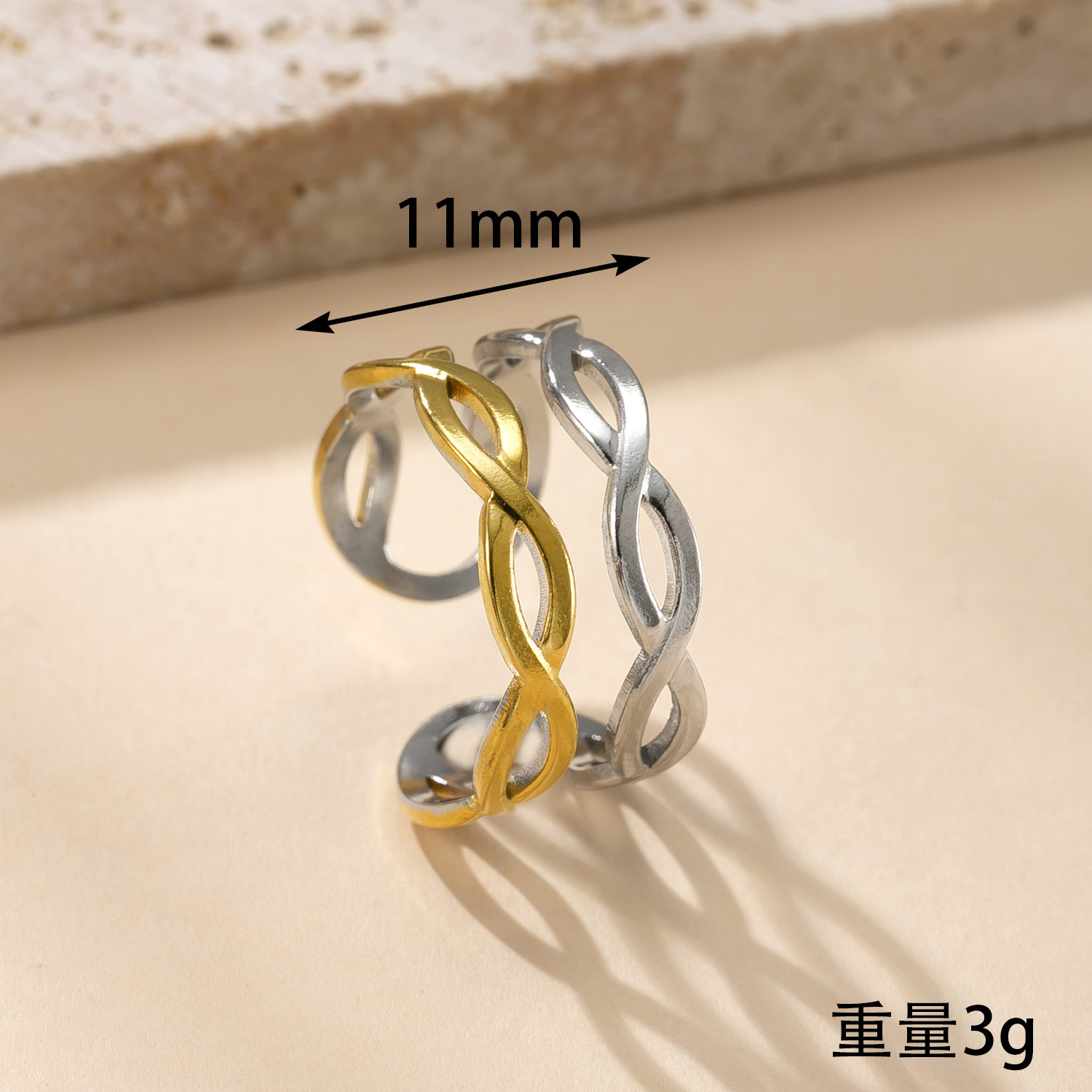 跨境新款钛钢饰品 高级感镀18k金开口戒指油压拼色树叶不锈钢戒指详情7