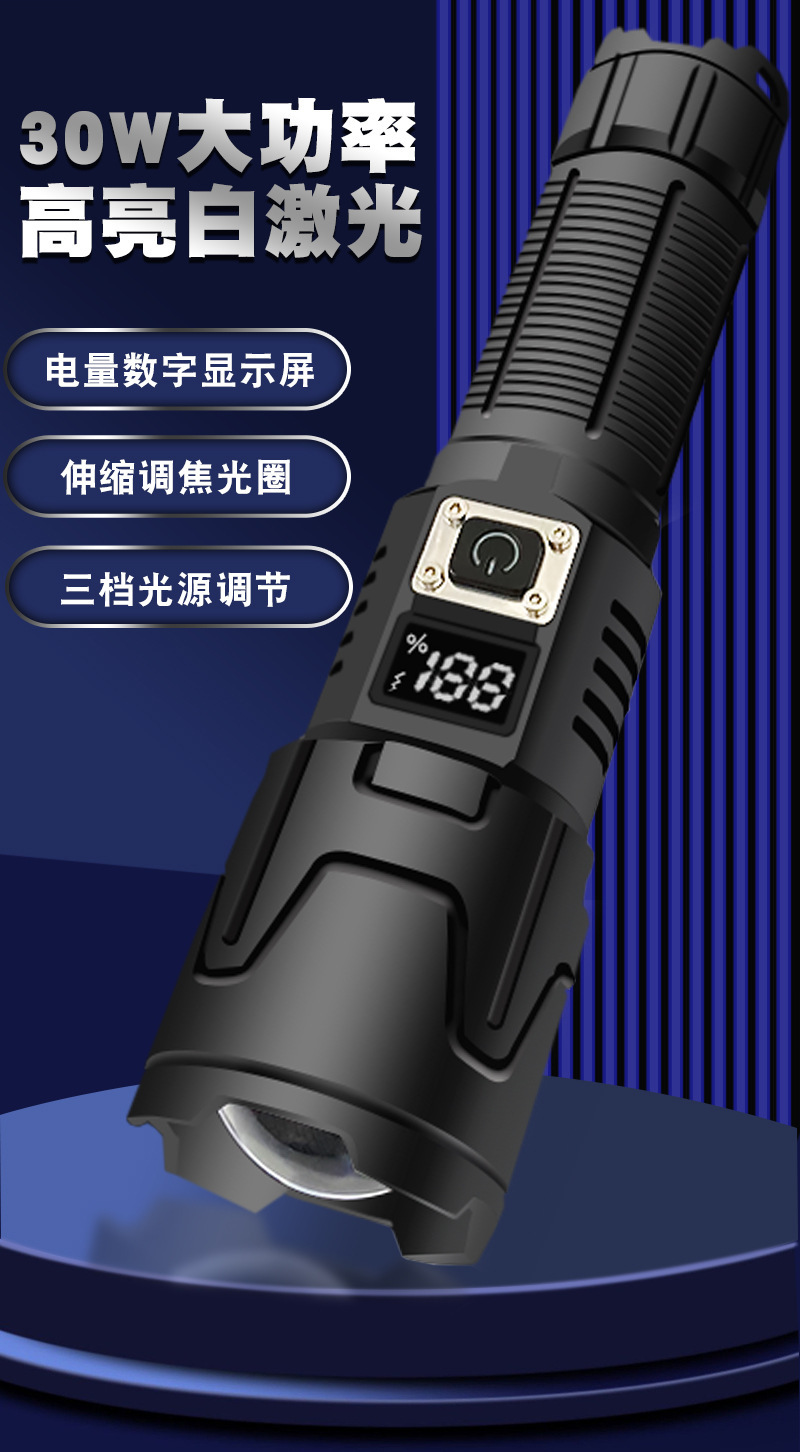 New white laser high-power Type-C charging outdoor zoom long-range screen display LED flashlight pic 1