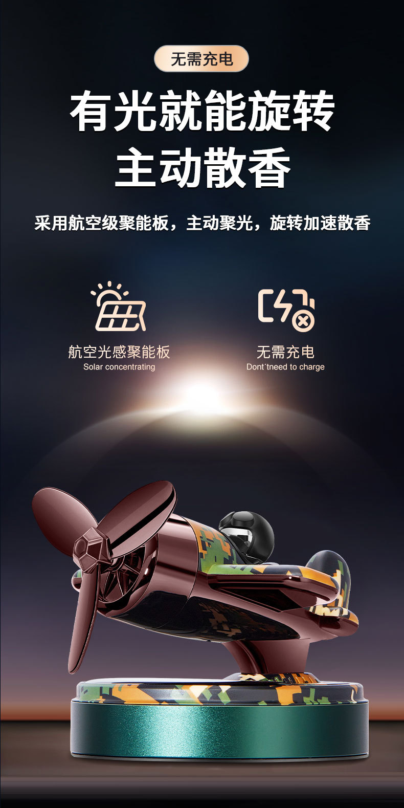 Car solar helicopter aroma diffuser, car rotating cloud roller, airplane interior center console perfume decoration pic 3