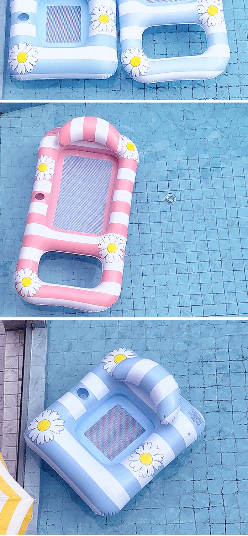 A water lounge chair with a retro striped floral print backrest that has become a popular adult, a floating bed with a cup of water and a drink pic 9