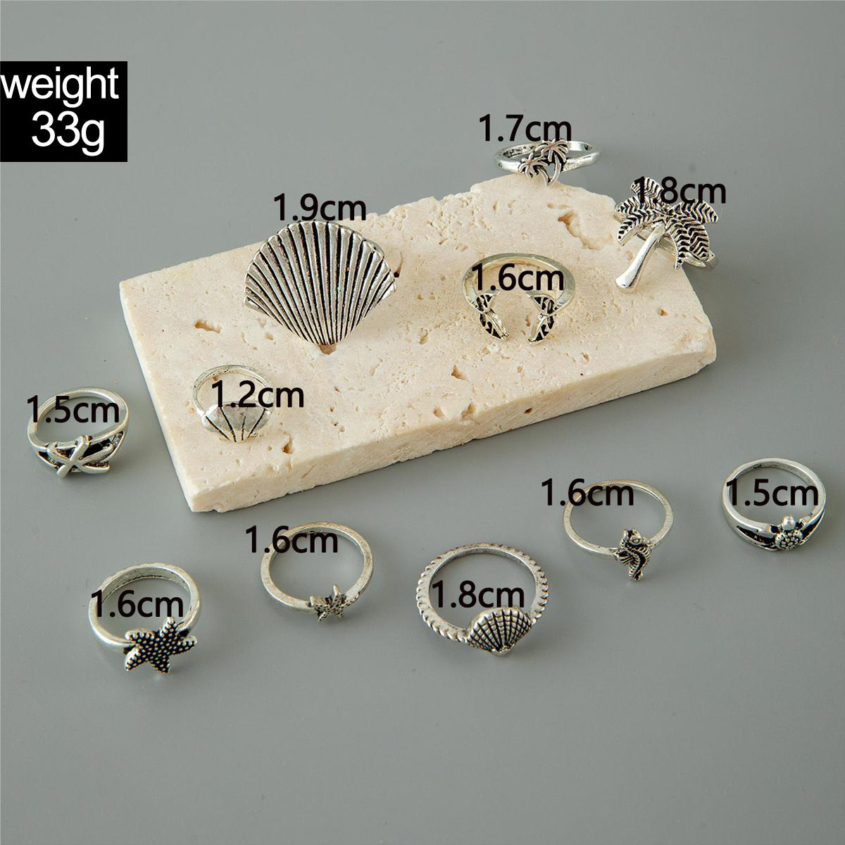 欧美跨境波西米亚海星扇贝戒指 沙滩风椰树蝴蝶雕花复古戒指套装详情7