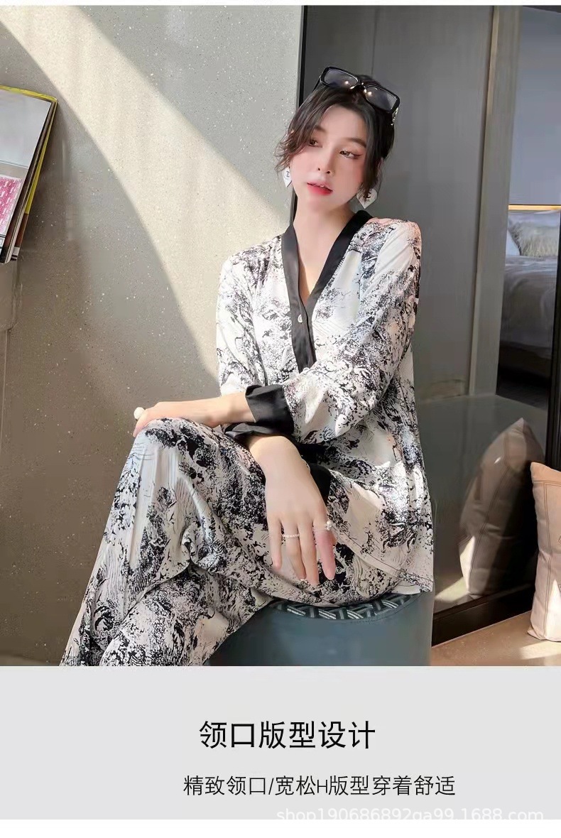 国潮春夏新款国潮水墨画居家服长款印花冰丝睡衣高级性感时尚四件套装详情6