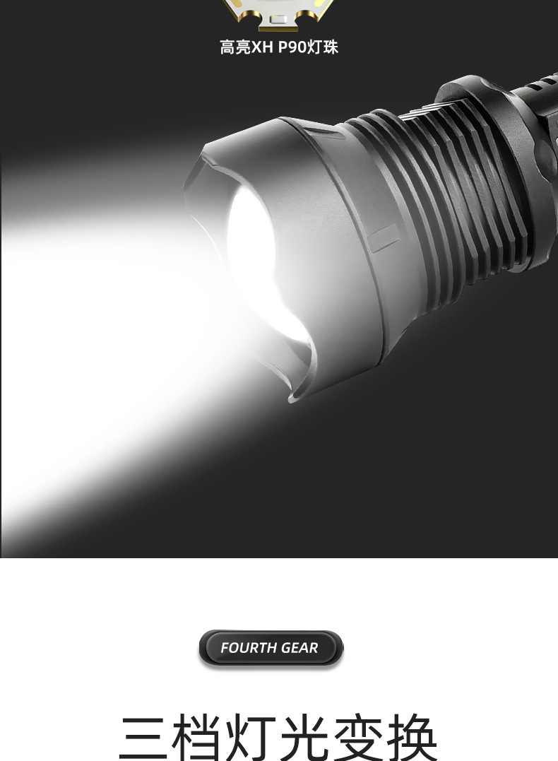 p90 Zoom ultra-bright led flashlight, multi-functional charging, strong light, camping, outdoor self-defense, explosion-proof and patrol flashlight pic 5