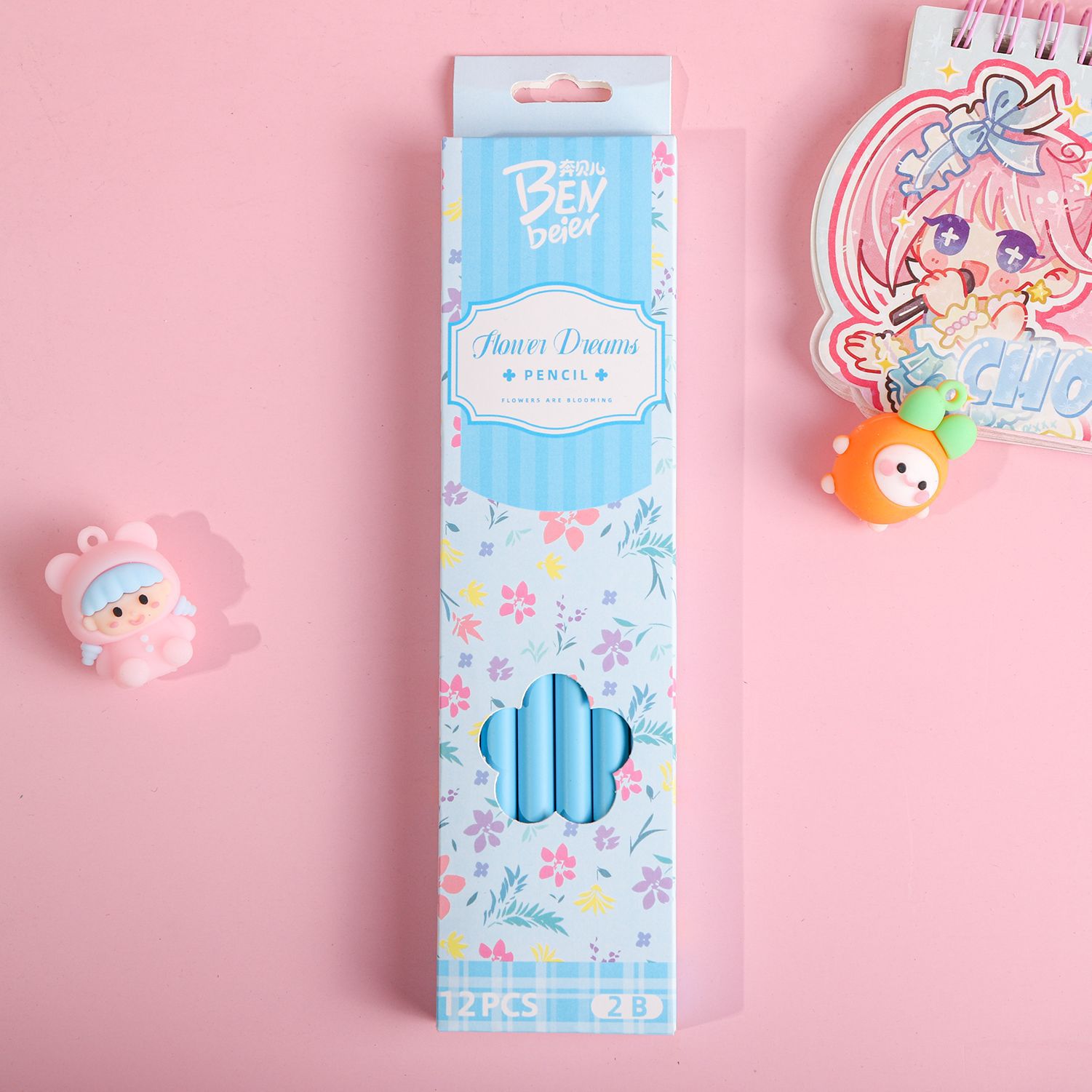 Cartoon and fresh floral print pencils, a special writing stationery for students. 12 cute 2b pencils in a box pic 11