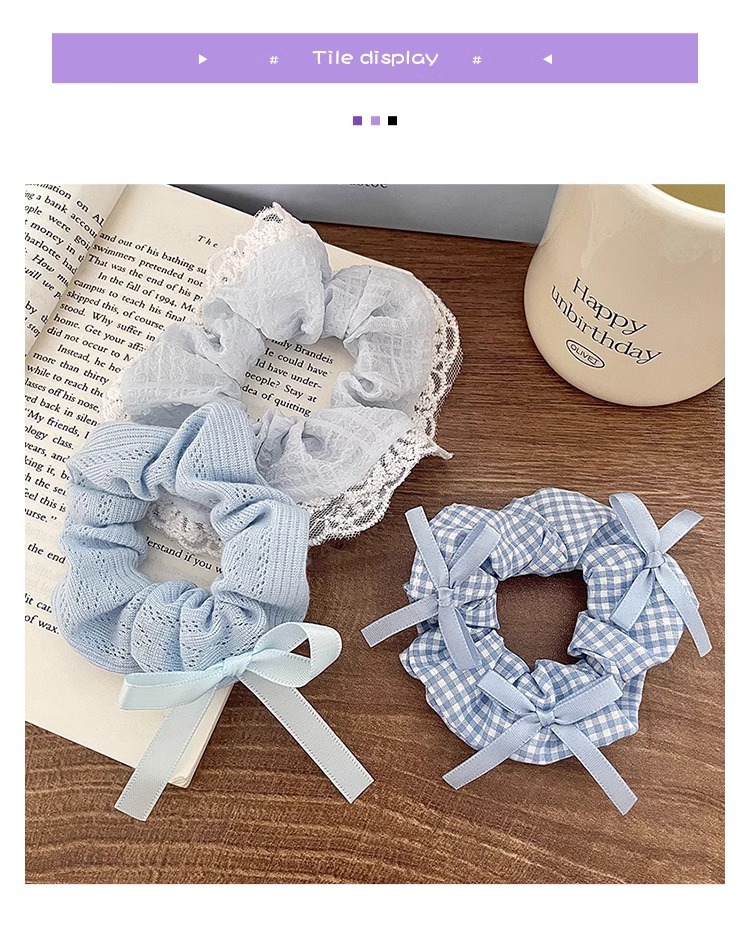 蓝色小清新蝴蝶结大肠发圈女蕾丝花边扎高马尾发绳高颜值皮筋头绳详情17