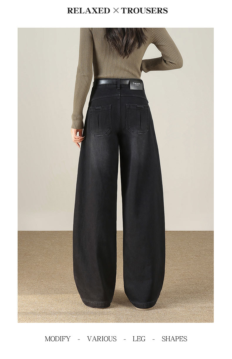 Light blue denim curved knife pants for women, fleece and thickened, 2025 winter new style loose and slimming wide-leg jeans pic 29