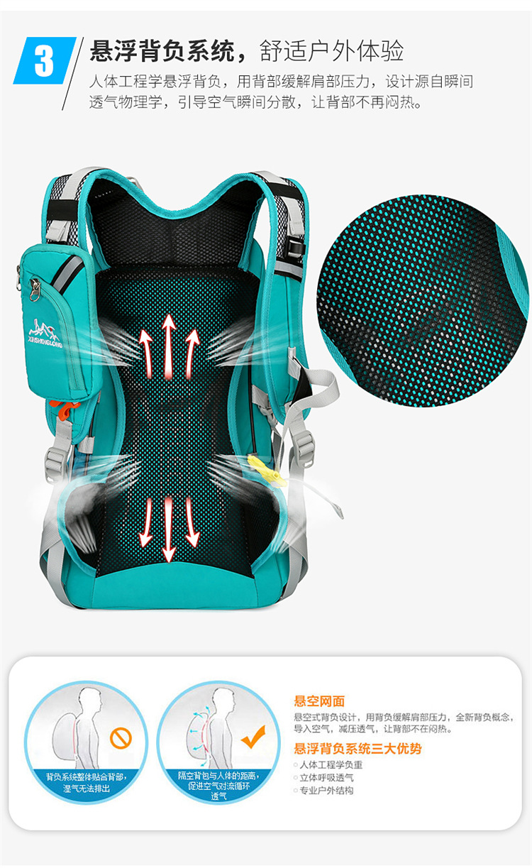 户外登山包休闲大容量多功能骑行包透气轻盈便携男女同款双肩包详情9