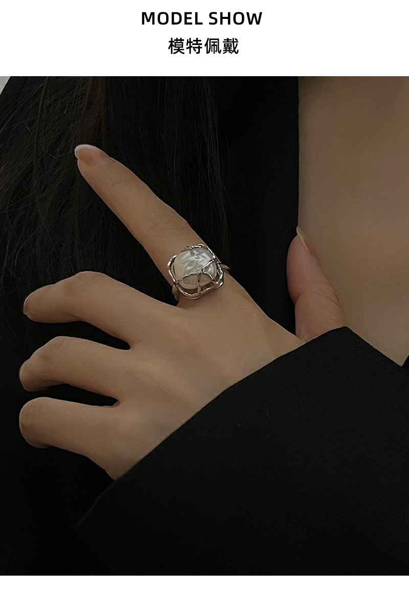 Cross-border niche design light luxury S925 sterling silver ring for women, Baroque pearl square opening ring accessory pic 14