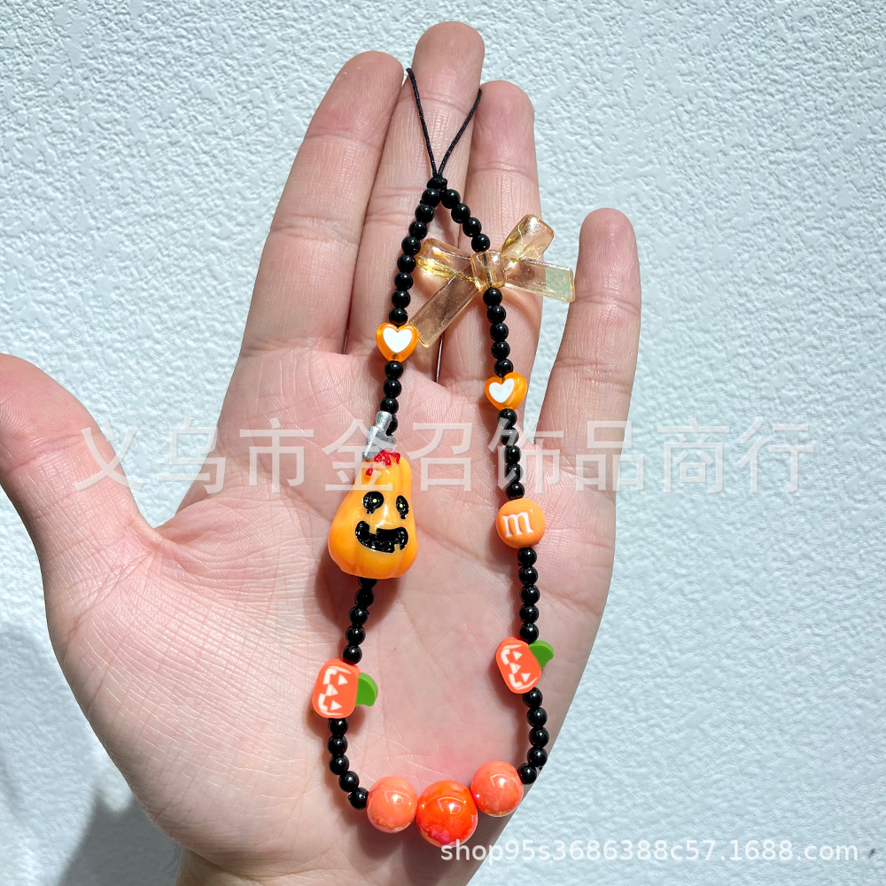Halloween ins mobile phone chain Pumpkin ghost Skull Ghost face hand-painted mobile phone pendant, beaded keychain pendant pic 11
