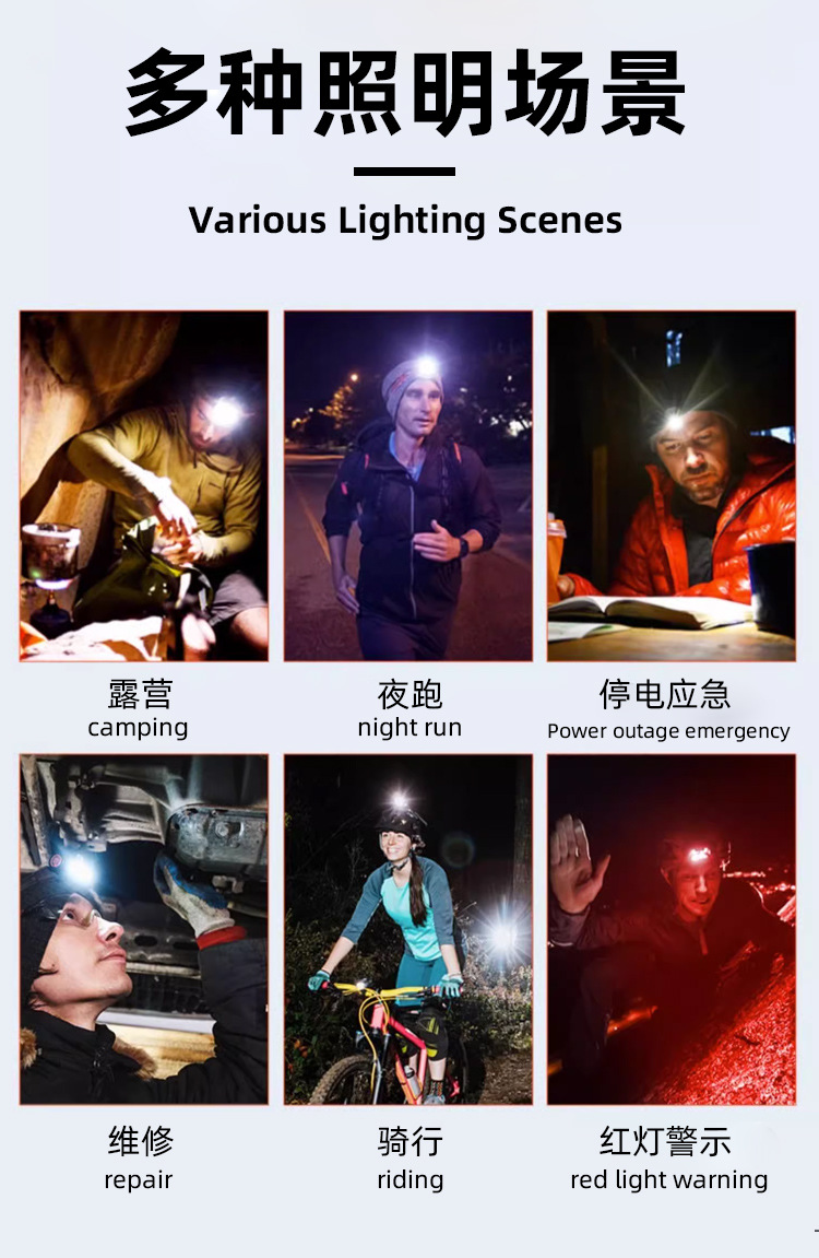 Cross-border smart sensor headlamp, strong light charging, portable yellow, white and red three light sources, long battery life, night fishing light, night running light pic 8