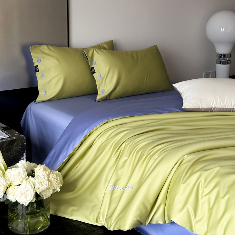 Simple, light luxury and fashionable solid-color long-staple cotton four-piece set, pure cotton letter-embroidered duvet cover, double bedding pic 88