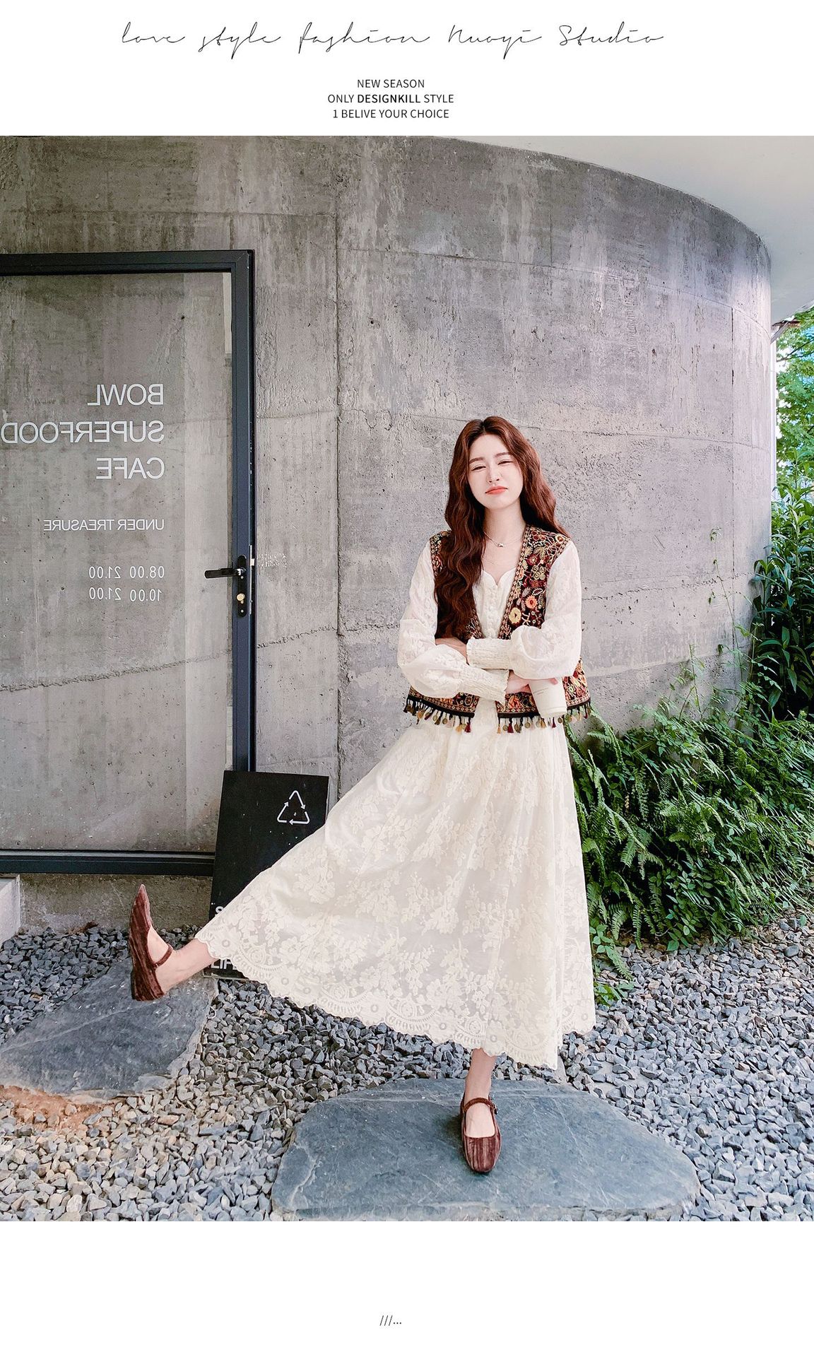 Real shot Bohemian fringed vest jacquard long dress two-piece set 2025 autumn collection lace patchwork V-neck dress pic 11