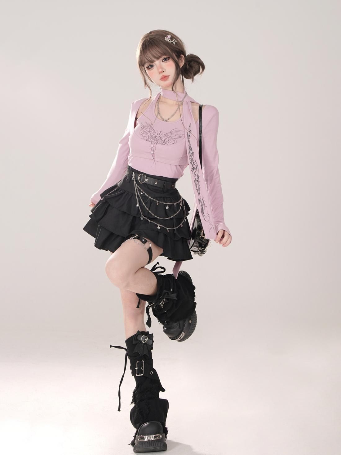 y2k辣妹黑色蓬蓬蛋糕裙女秋季甜酷半裙高腰爱心皮带牛仔腿套短裙详情10