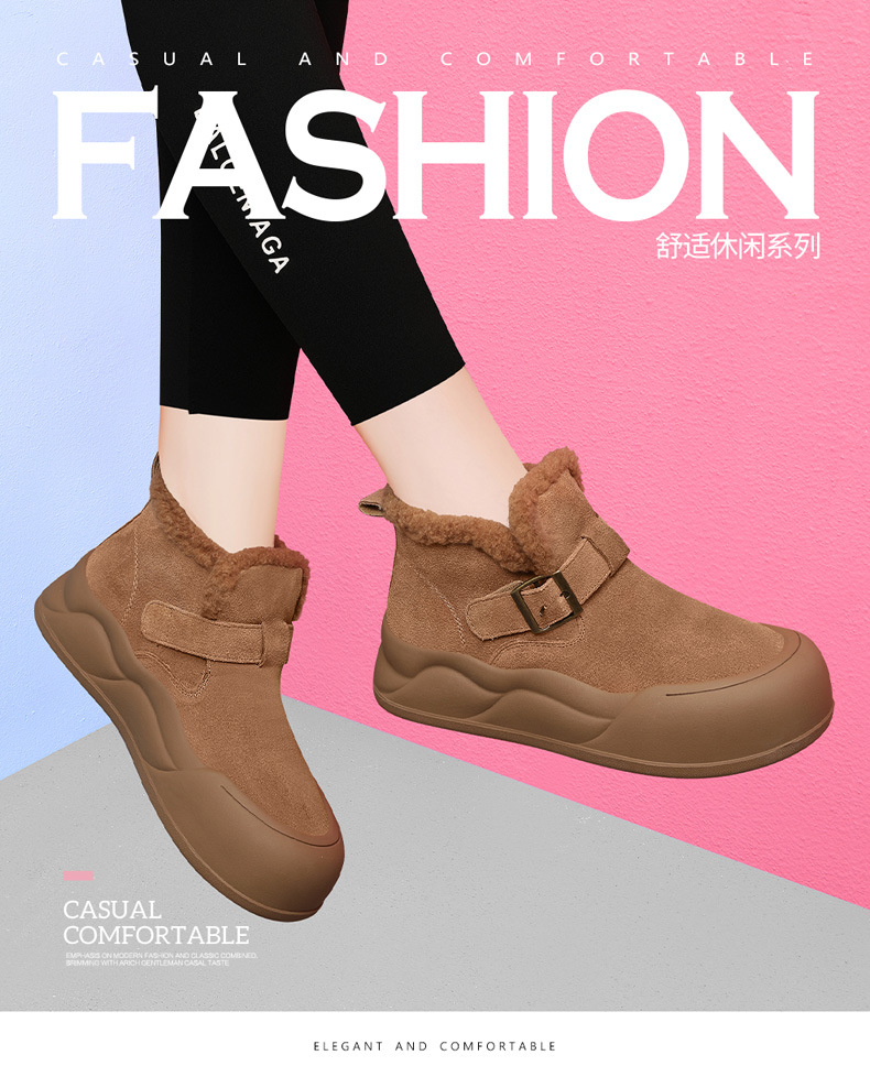 头层牛皮新款时尚短筒雪地靴女加绒短靴子冬季防滑一脚蹬保暖棉鞋详情3