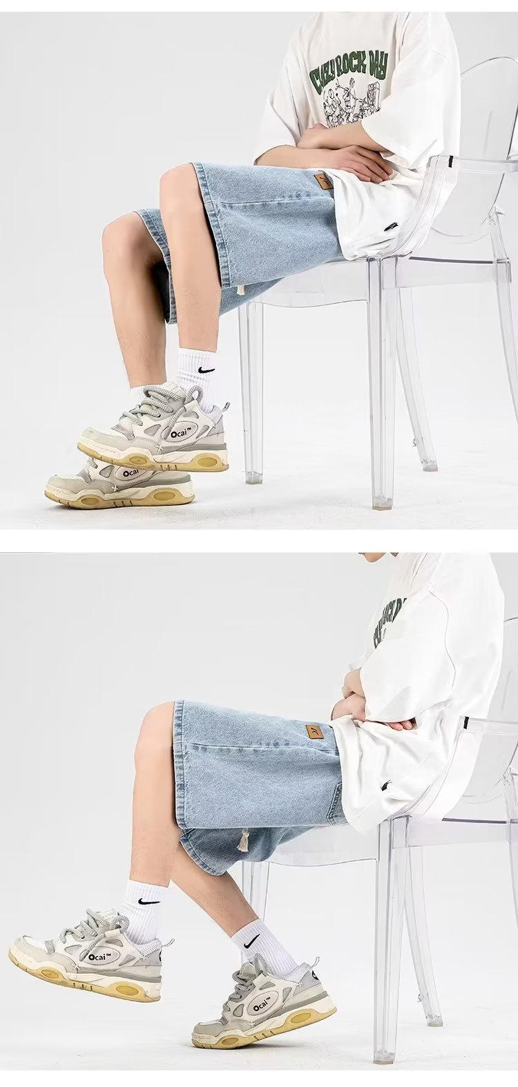 FUIV 夏季港风大码贴标牛仔裤短裤嘻哈ins潮男外贸宽松情侣五分裤 pic 12