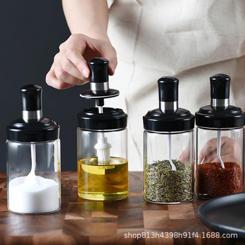 Household moisture-proof kitchen sealed glass salt monosodium glutamate seasoning jar, seasoning box cover, spoon integrated set combination seasoning jar pic 12