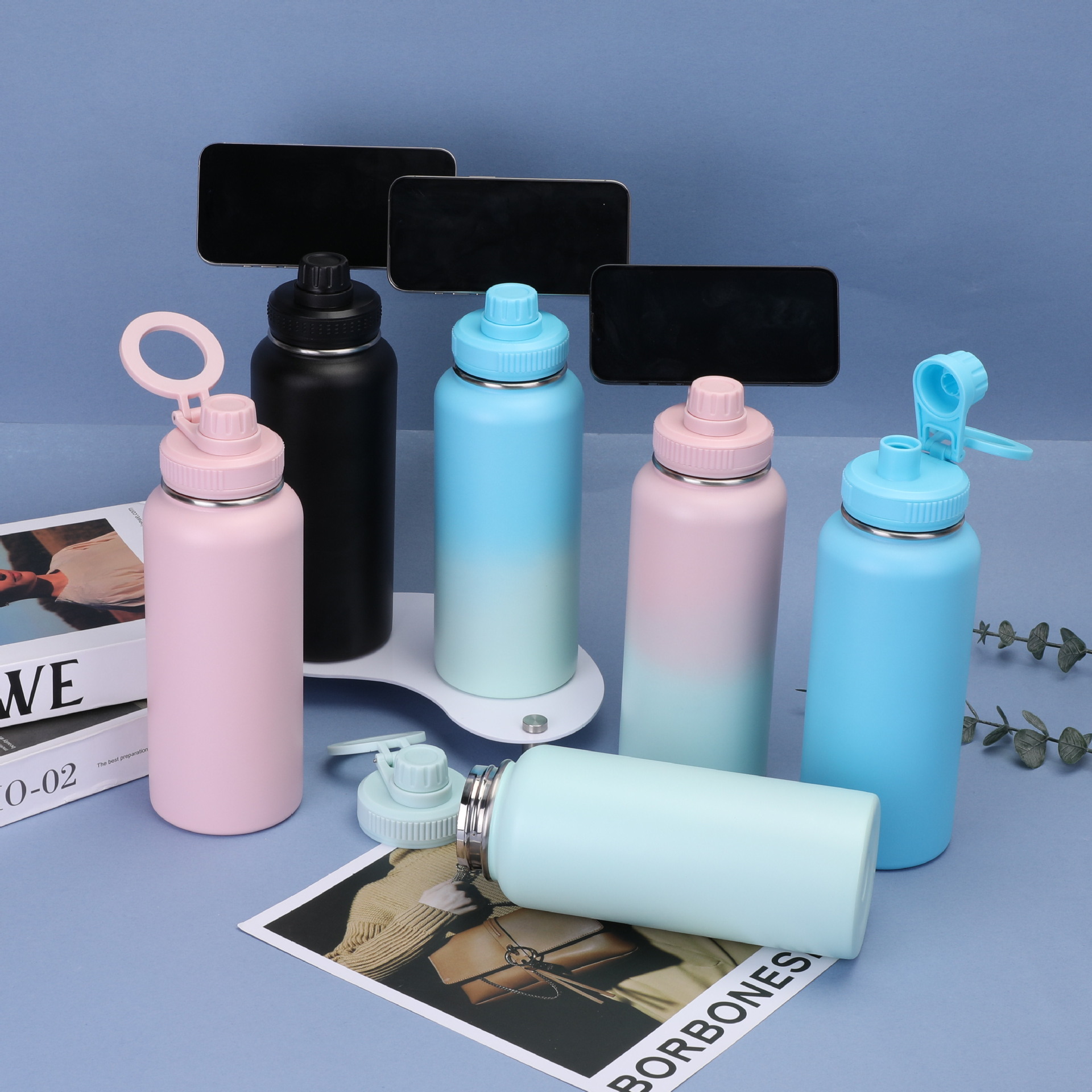 新款32oz不锈钢太空壶双层保温杯磁吸手机支架马卡龙便携运动水杯详情4