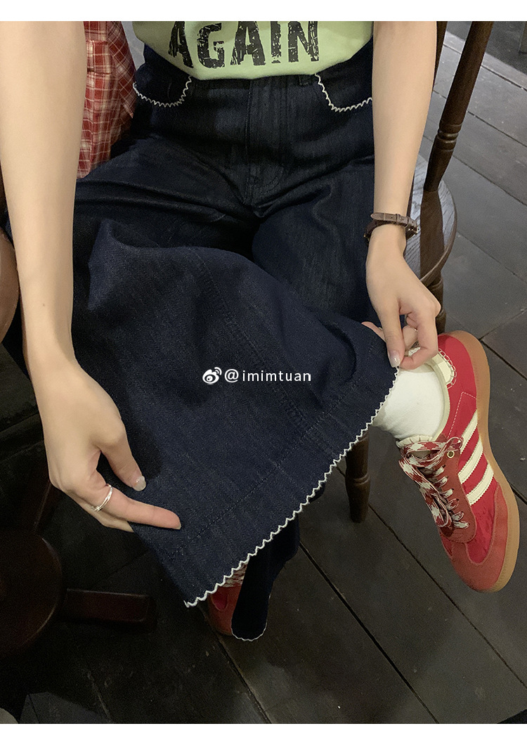 陆小团团复古花边直筒薄牛仔裤2025夏季新款显瘦阔腿小个子裤子女详情32