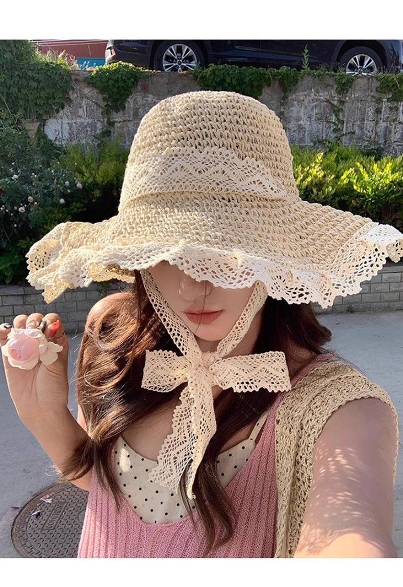 草帽海边帽子ins系带草编帽女出游防晒沙滩太阳帽蕾丝遮阳帽详情12
