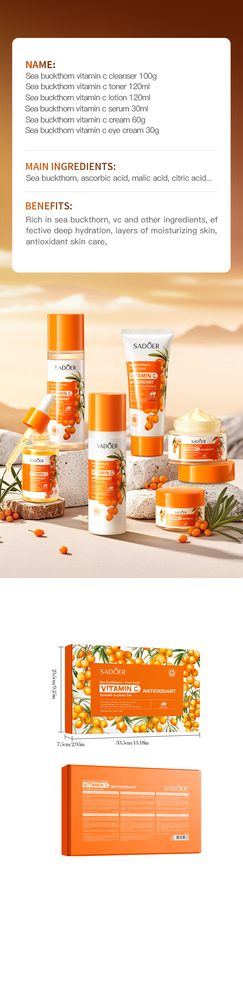 Cross-border export wholesale of all-English sea buckthorn vitamin C Antioxidant six-piece SADOER moisturizing set pic 12