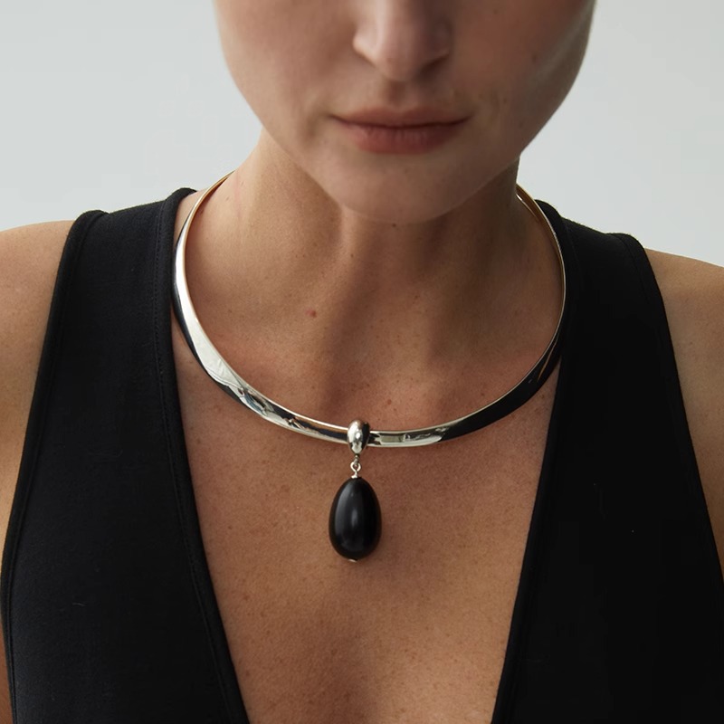 欧美小众复古黑玛瑙水滴项链耳环戒指女大号夸张黑色椭圆形耳钉详情3