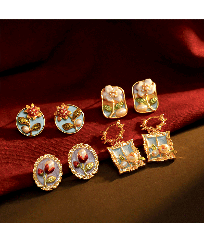 Hyacinth diseño original nuevo estilo chino China China pintura al óleo serie esmalte goteo pendientes de esmalte de cuatro hojas pendientes de perlas de agua dulce para mujeres orejeras de latón hebillas de oído pic 2