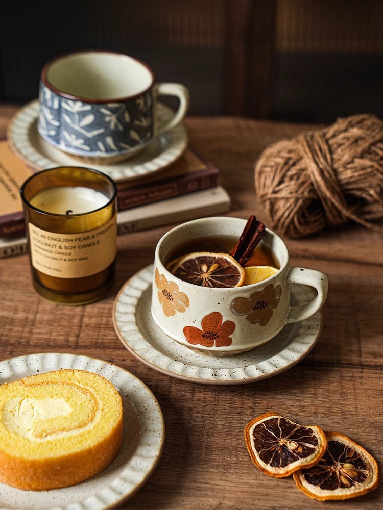 复古粗陶咖啡杯一杯一碟套装轻奢高级感小众设计风陶瓷咖啡杯碟详情5