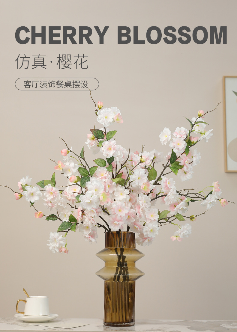 跨境热销仿真单枝樱花桃花装饰花艺摆件玄关卧室人造花盆容器宠物园艺详情13