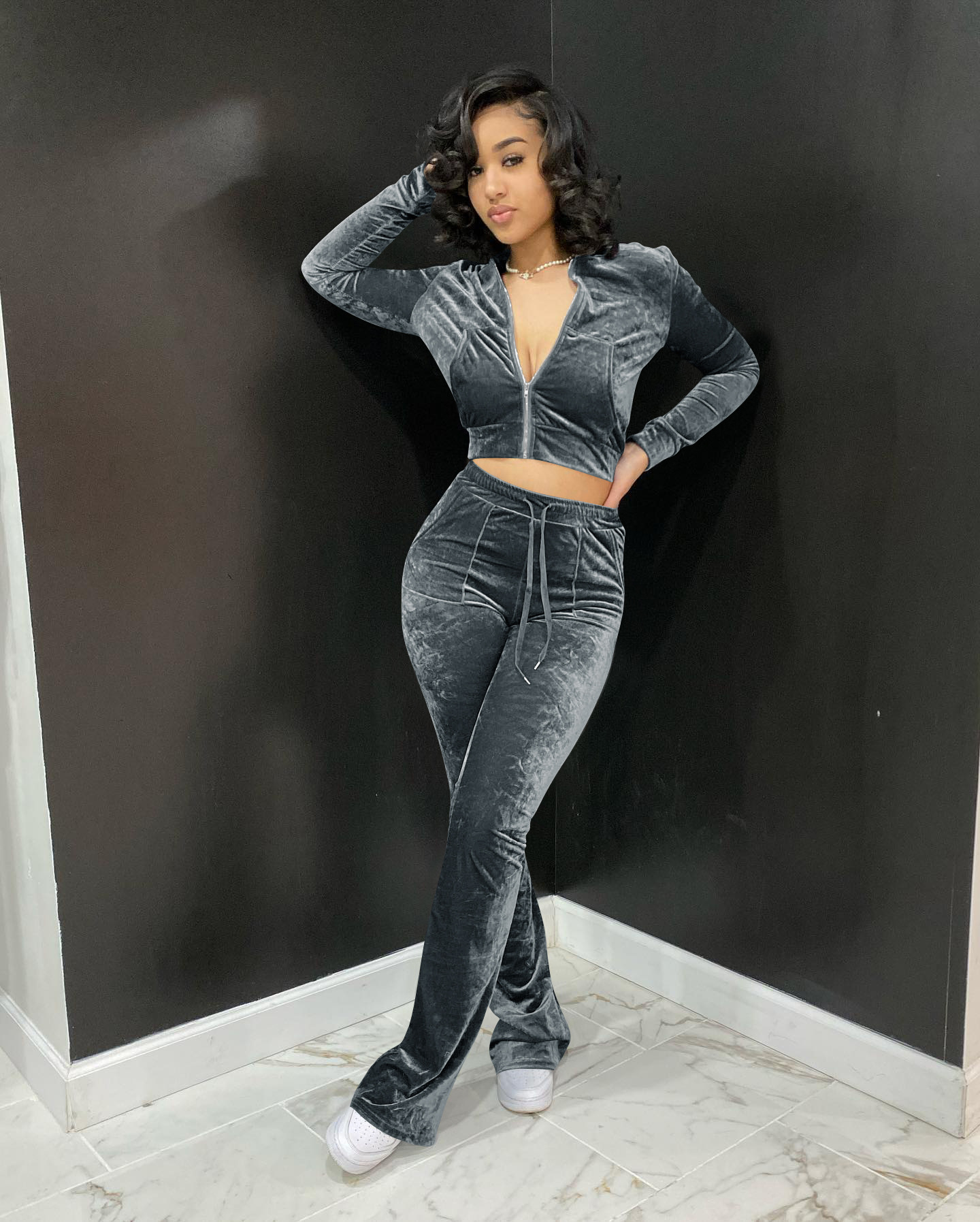 Solid color gold velvet wide-leg pants two-piece set pic 22