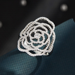 A light luxury and high-end grey pearl camellia open ring, a copper alloy slightly inlaid zircon adjustable index finger ring pic 2