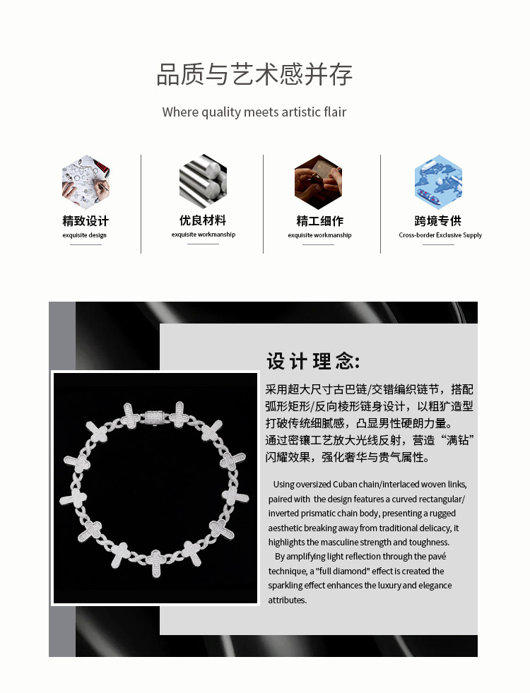 跨境个性男士嘻哈项链无限十字架古巴链定制925银满镶莫桑吊坠详情2