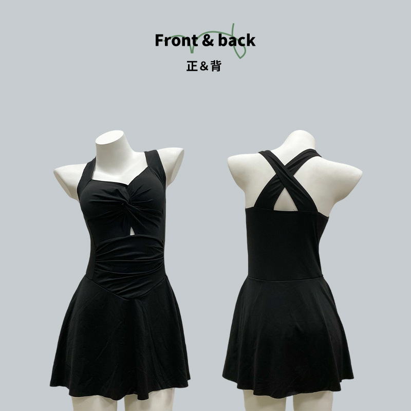 温泉泳衣女时尚爆款纯色显瘦遮肉连体裙式保守收腰性感游泳衣批发-028407详情4