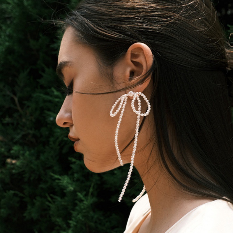 秋冬新手工编织款珍珠蝴蝶结耳钉女s925银针气质小众设计流苏耳环详情5