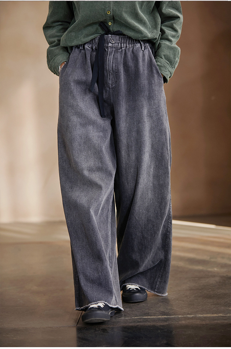 High-end, niche, artistic and retro, all-season wearable smoke grey retro tight-waisted wide-leg stray jeans for women pic 2