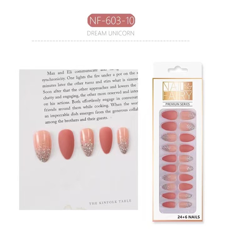 Cross-border exclusive flash pink color-blocking and dazzling nail art, 24 pieces of finished nail art, wearable detachable false nails pic 9