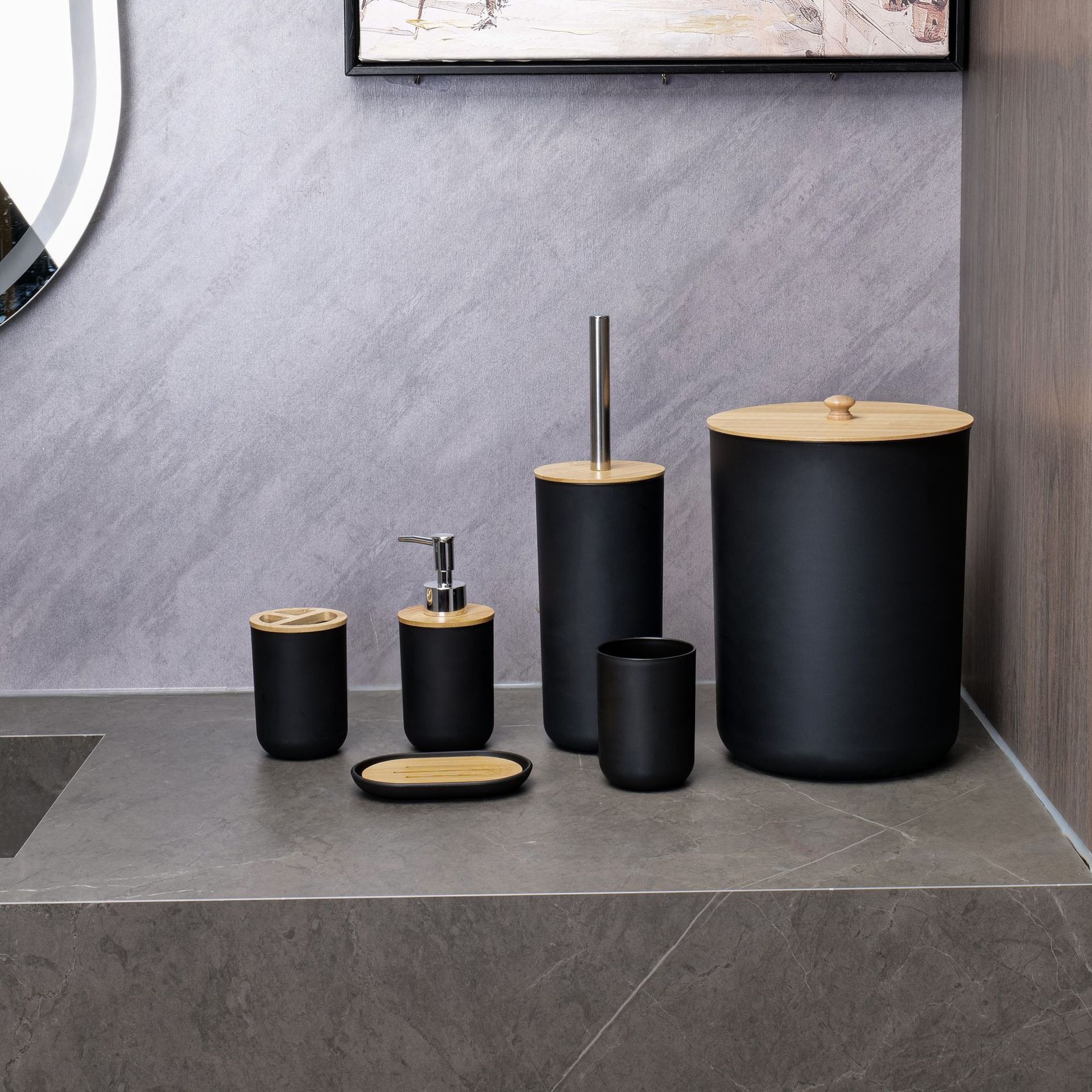 YUFEI跨境卫浴洗漱竹木六件套乳液泵牙刷杯肥皂盒北欧风简约套装详情2