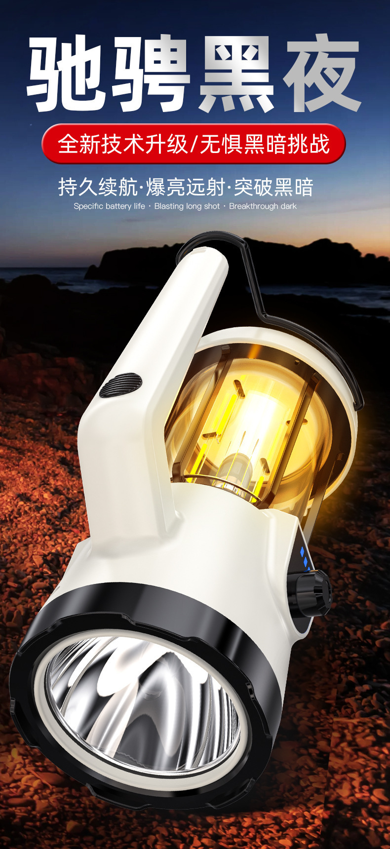 跨境探照灯强光手电筒野营灯户外钓鱼防水LED灯太阳能灯6详情1