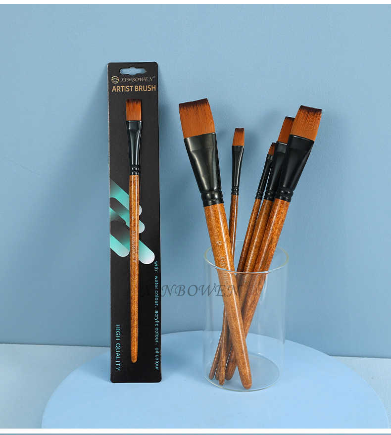 Wood grain stem flat-peak nylon brush oil painting brush, aluminum tube acrylic single-barrel painting brush, art studio watercolor pen wholesale pic 10