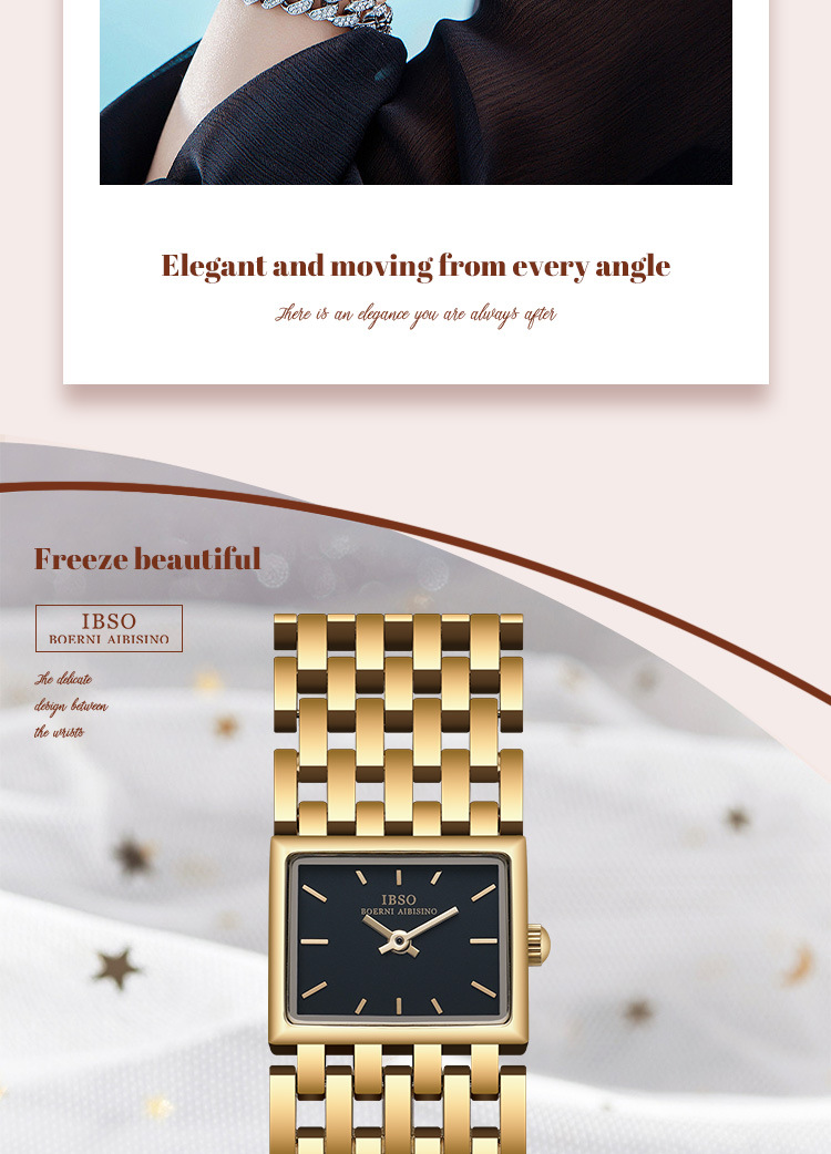 IBSO金色方形石英女表輕奢中古風(fēng)鋼帶腕表時(shí)尚氣質(zhì)款詳情9