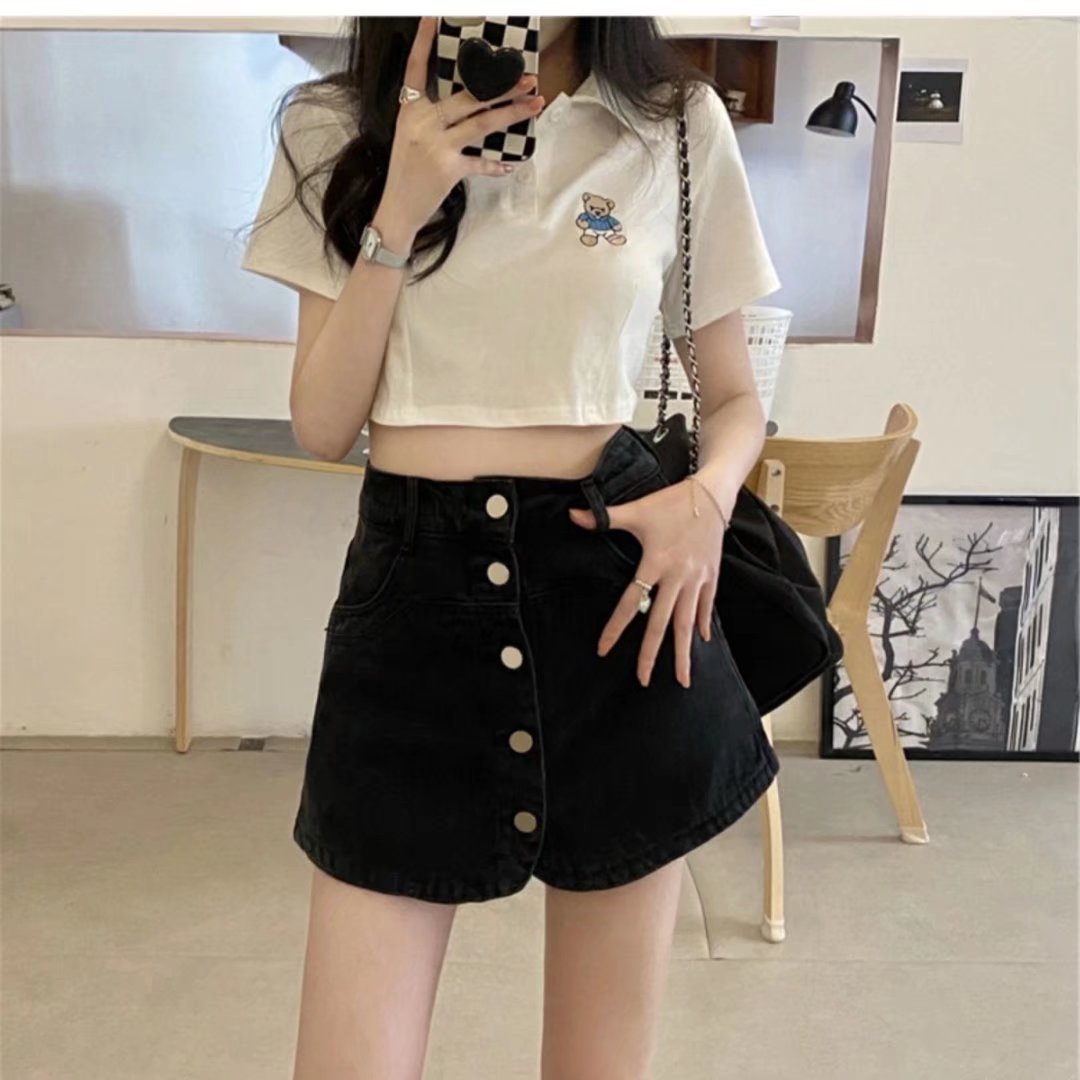 大码胖mm假两件裤裙显瘦半身短裤裙女夏季高腰牛仔短裙黑色a字裙详情17