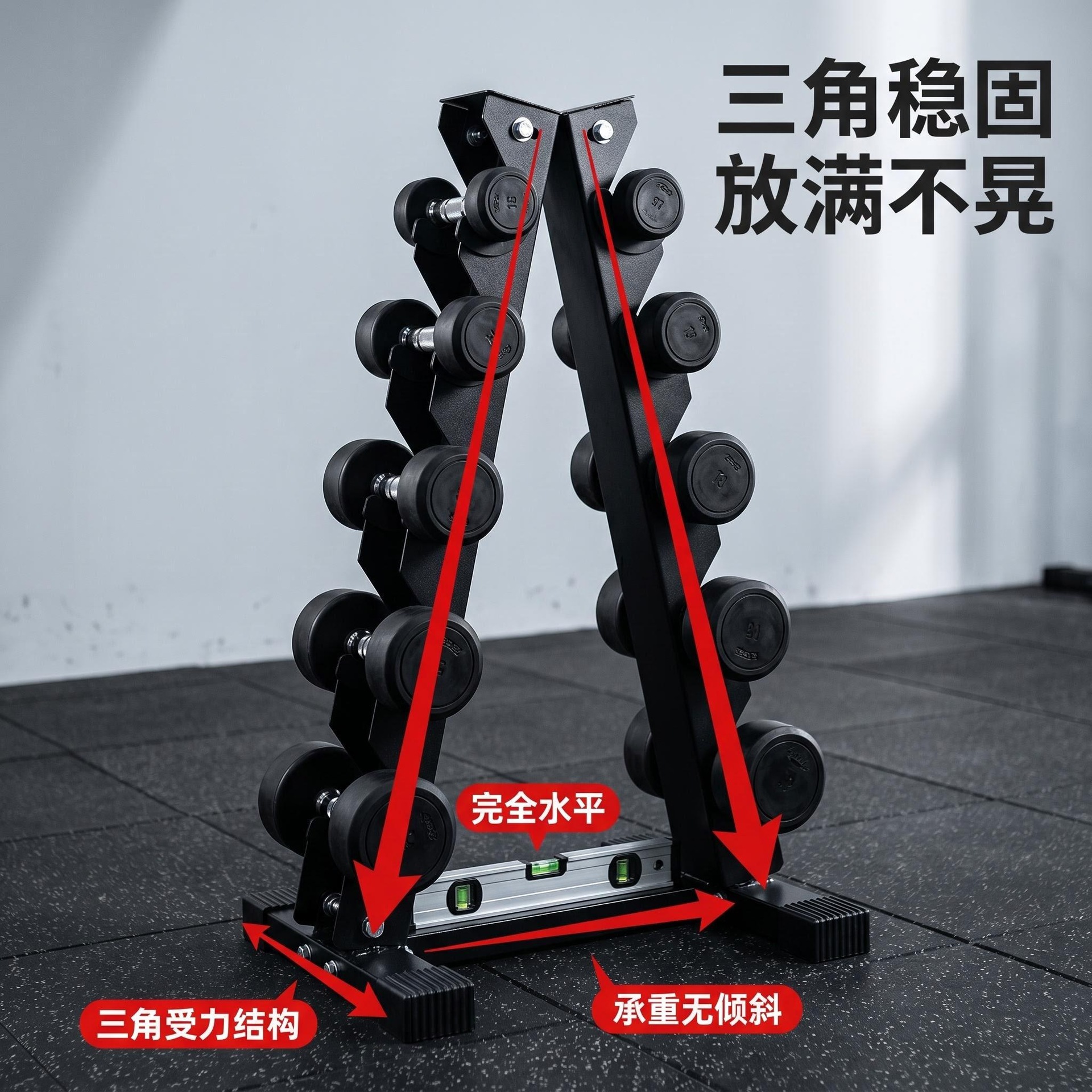 工厂直供 A字哑铃架5层健身房商用哑铃收纳架 加厚冷轧钢批量价优详情3
