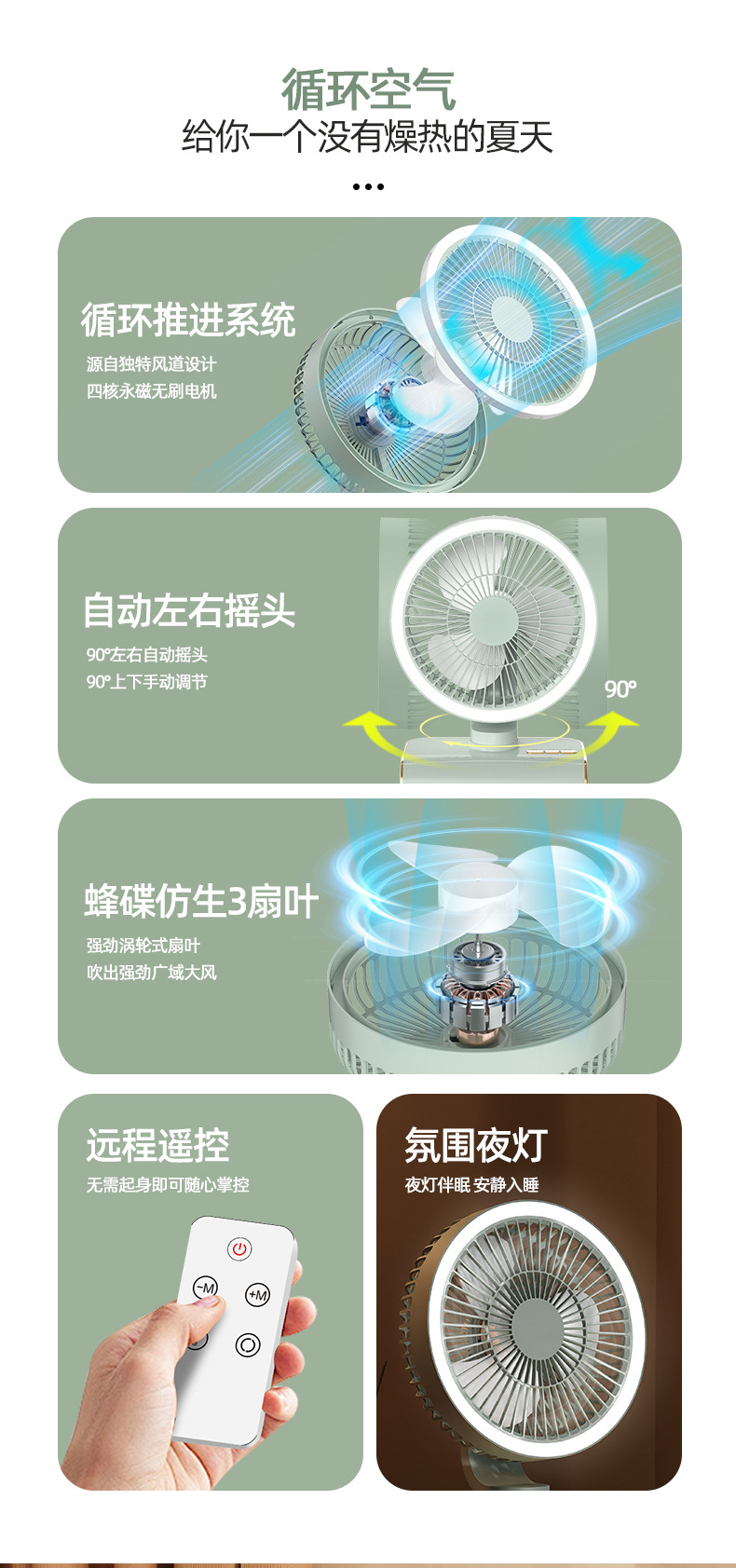 桌面风扇台式无线挂壁摇头风扇户外吊挂风扇充电跨境小夜灯风扇详情2