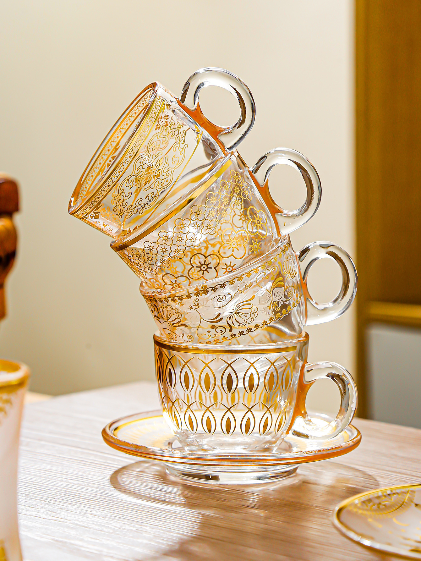Nordic transparent gold-painted creative tea cups, glass cups, light luxury heat-insulating coffee cups and cold drink cups pic 5
