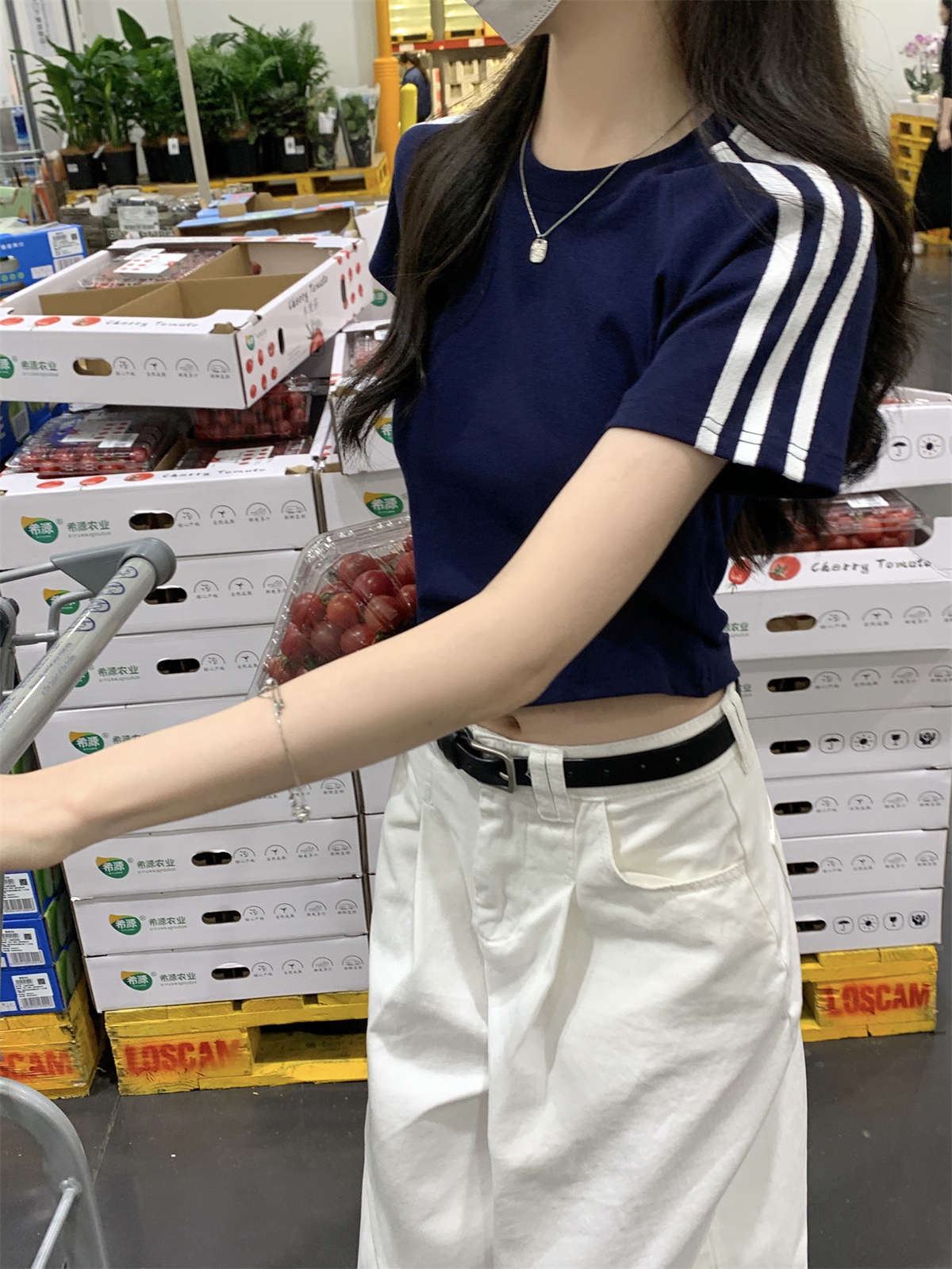 美式2024夏季新款韩版圆领修身插肩杠条显瘦百搭短袖T恤女装上衣详情14