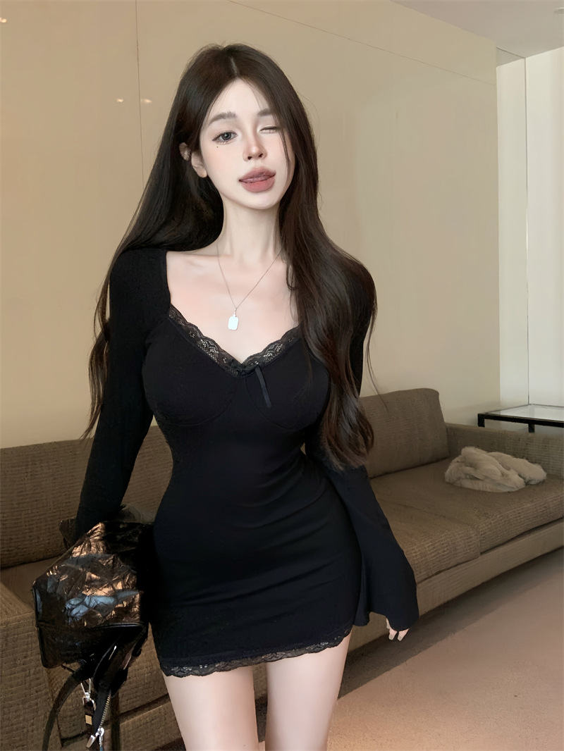 棕色性感v领长袖连衣裙女秋季蕾丝内搭小妈裙子紧身收腰包臀短裙详情2