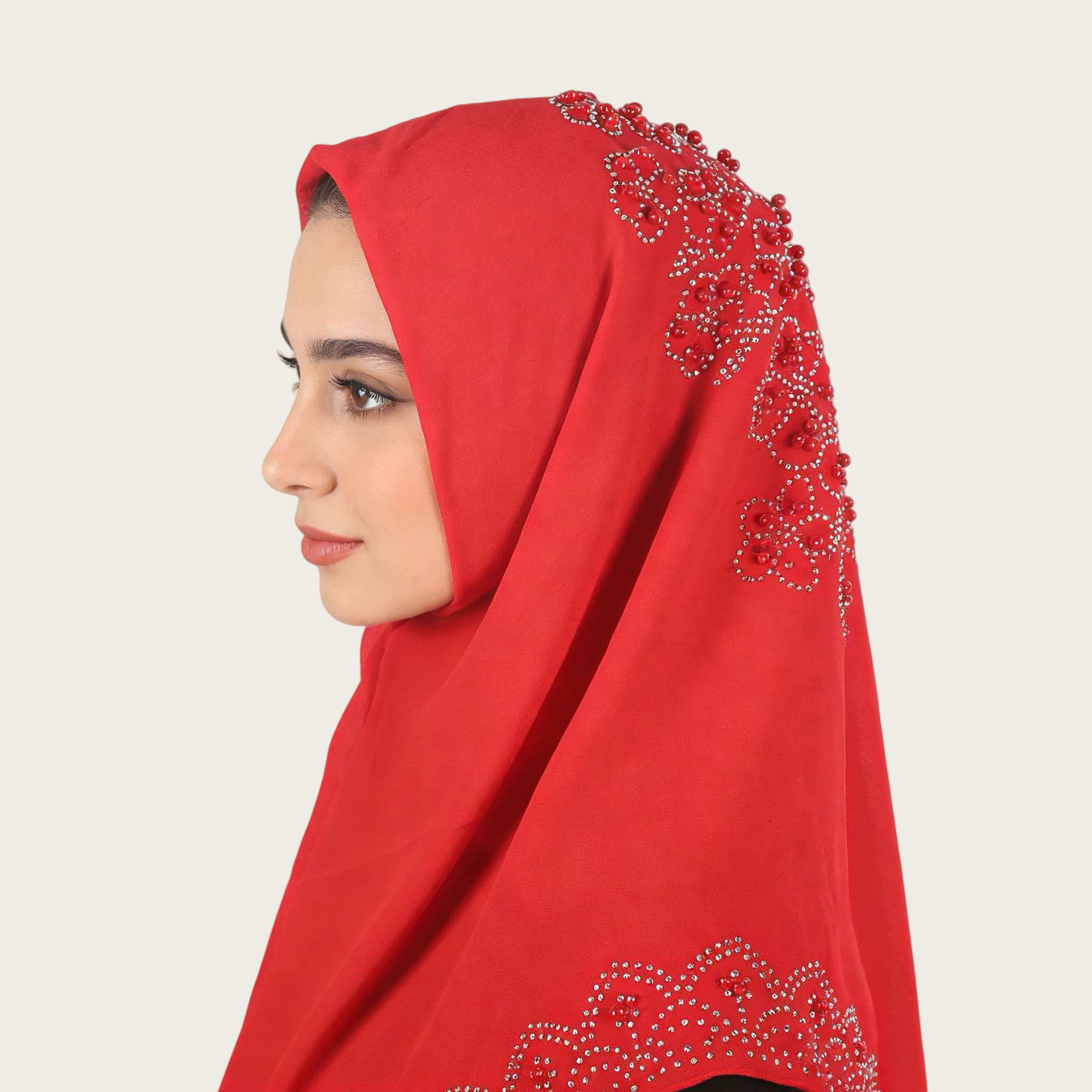 M145厂家烫钻妇女头巾民族风盖头珍珠雪纺围巾流行纱巾素色单色详情9