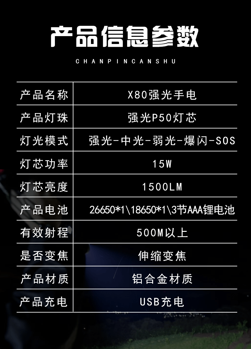 新款跨境伸缩手电筒XHP50户外强光手电筒铝合金电量显示USB充电详情15