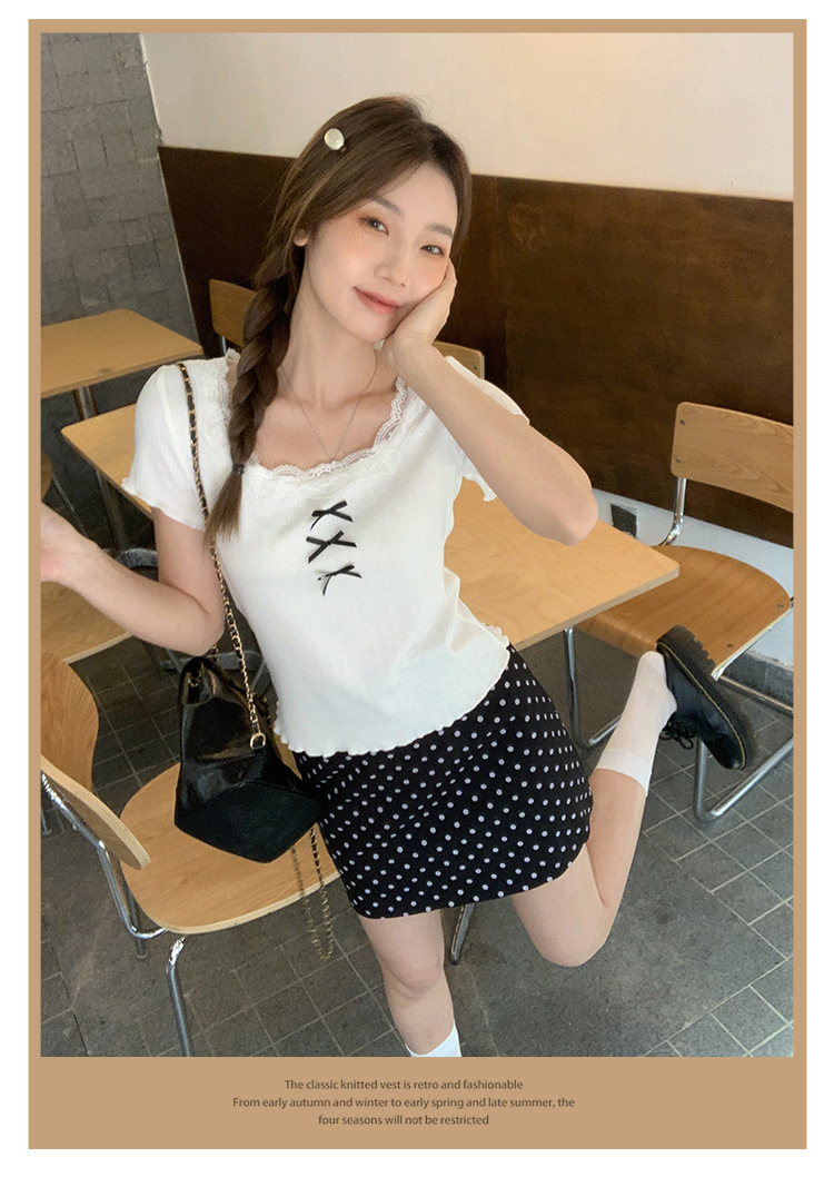 新款芭蕾风蕾丝拼接U领短袖T恤春季女装蝴蝶结木耳边气质绝美上衣详情10