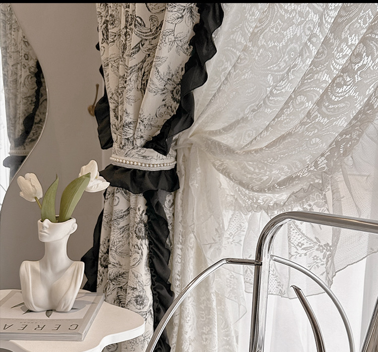 Finished product of French retro Chenille jacquard black and white American Rococo lace blackout bedroom and living room bay window pic 37